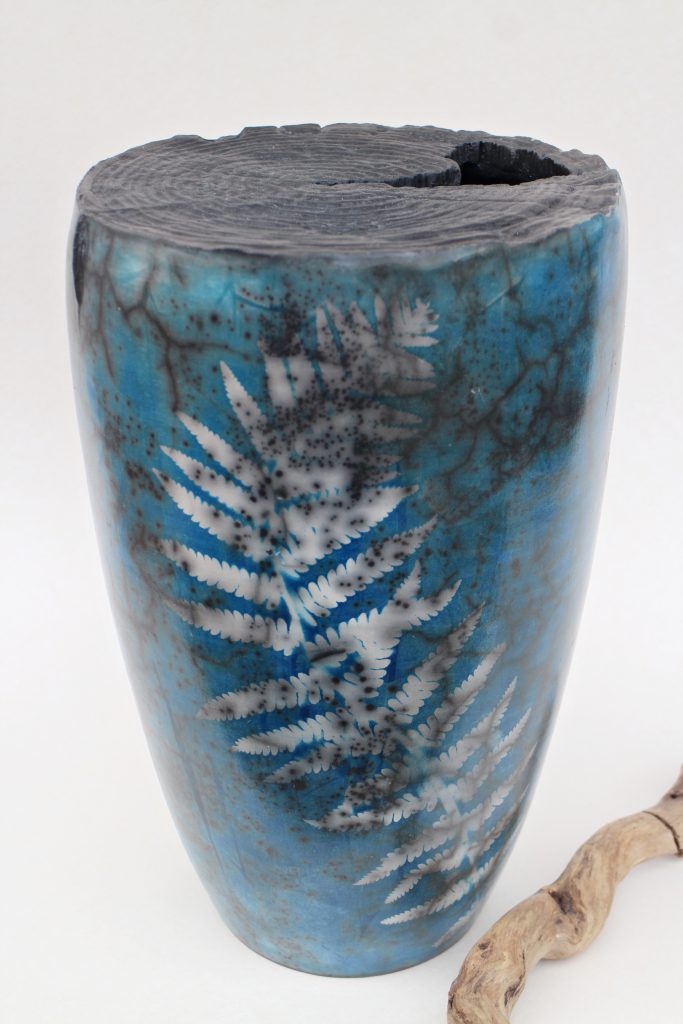 Cyanotypie Farn auf Raku Keramik